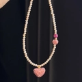 Collier chic en perles orange clair avec un pendentif cœur en strass rose pour femmes - Blanc Rose Cœur (23# Collier)