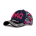 Berretto patchwork multicolore con ricamo SWAG rosa 3D e pannello frontale blu scuro - Blu navy