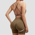 Olive green backless yoga bodysuit with cross straps and ribbed body shaping fabric - S / Top And Bottom / Tan