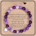 Handmade purple natural stone beaded bracelet with heart pendant and sister gift card - Purple Agate + To My Sister Card