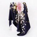 Detail of silk-like navy blue scarf featuring pink roses and smooth draped texture - 90x90cm / Navy Blue (D9026)