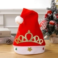 Red Christmas hat with golden crown and colorful star sequins on festive wood background - Adult Velvet Crown Christmas Hat Gold