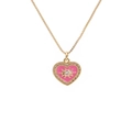 Golden heart pendant necklace with pink enamel eye and sparkling crystals on box chain - Pink