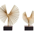 Set of two gold fan-shaped luxury metal sculptures on black bases for home decor - Wire Fan Ornaments (Set of 2)