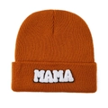 Detail of orange knit beanie featuring MAMA towel embroidered letter patch on cuff - Orange