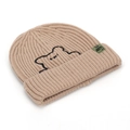 Beige knit beanie featuring embroidered bear and woven label in a ribbed texture - Khaki