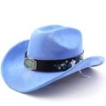 Close-up of blue suede cowboy hat with floral embroidery and turquoise silver buckle - M(56-58cm) / Deep Sky Blue
