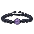 Detailed close-up of 12mm tiger eye and lava stone beads with purple amethyst focal point - Amethyst Bracelet