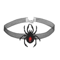 Detail of gothic spider choker featuring black mesh and a red gemstone pendant - 6# Black Spider Mesh Choker