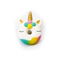 White unicorn donut squishy toy with golden horn and colorful rainbow gradient base - White Unicorn Donut