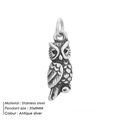Antique silver owl pendant in stainless steel with 20x8mm dimensions for DIY jewelry - Owl Style (HZNP038)