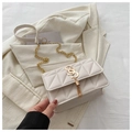 Quilted white crossbody bag with gold SS logo and elegant chain strap detail - White