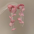 Detailed close-up of pink fabric flower tassel earrings on a clear jewelry display stand - Purple Chiffon Flower Style Silver Earring Post (26#)