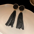Elegant black flower earrings with long gold chain tassels and pearl accents - Black Chain Long Tassel Style (103#)