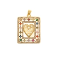 Close-up of gold pendant with hollow heart center and colorful zircon gemstones - Colorful Gemstone Rectangular Heart