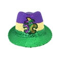 Chapeau de Mardi Gras à paillettes avec logo fleur de lys violet, doré et vert - Taille unique / Chapeau de jazz style flèche C