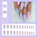 Uñas postizas con degradado rosa y púrpura con brillo y efectos 3D para mujer - Estilo de Pegamento Coffin Largo / Degradado Macaron Multicolor (W1006)