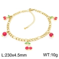 Bracelet de cheville doré en acier inoxydable avec pendentifs cerises 3D rouges - Style Cerise Rouge Perles Espacées (KJ4367-Z)