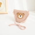 Cute mauve woven straw crossbody bag for kids featuring a small brown bear embroidery - Dusty Pink (Bag)
