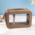 Brown dual-layer PU makeup bag with a large transparent window and gold zippers - Double Layer / Dark Khaki