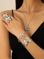 Silver flower jewelry set including a textured metal ring, necklace and bracelet - Silver 5-Piece Set: Earrings + Necklace + Bracelet + Bangle + Ring