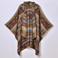 Ethnic knit hooded poncho for women with geometric patterns in brown and blue colors - 135x155cm / Coffee