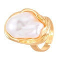 Macro detail of Baroque irregular pearl set in a textured adjustable gold-plated ring - Irregular Artificial Pearl Open Adjustable Ring (3238) / Gold