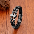 Men's double-layer black braided leather bracelet with tiger eye beads and magnetic buckle - Geometric Metal