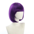 Short purple bob wig with flat bangs on a white mannequin head for cosplay use - Purple