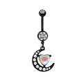 Black moon belly ring featuring a heart-shaped iridescent stone and white zircon - Iridescent Heart Moon Combo Style (24032201-5)