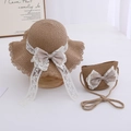 Detail of straw sun hat and matching bag with elegant white lace ribbons and satin bow - Hat + Bag Set / Coffee