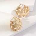 Golden sea shell drop earrings with white pearls for a coastal beach vacation style - Medium KC Gold White Artificial Pearl Style (WEH5086)