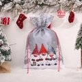 Christmas drawstring gift bag with three gnomes and snowflakes on grey linen fabric - Three Gnomes / Gray