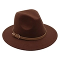 Detailed macro view of dark brown wool felt fedora with a buckled leather hat band - M (56-58cm) / Coffee (Heart Buckle Belt)