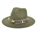 Detail of woven straw hat with turquoise stone, colorful wood beads and grey fringe - Dark Green