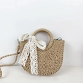 Handmade woven straw semicircular bag with large white lace bow and adjustable strap - Brown with Lace