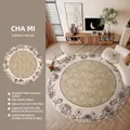 French retro round rug with black and white floral pattern and non-slip silicone backing - Diameter 80cm / Secret Blossom