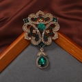 Vintage hollow flower brooch with emerald green gems and champagne crystals in antique gold - Style 5 (Dark Green + Bronze)