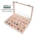 Velvet 24-compartment jewelry box with glass lid in beige, size 34.8x24.8x5cm - 24 Grids - Beige