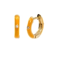 Detail of round golden earrings featuring orange enamel finish and sparkling clear gems - Copper / Gold-Orange
