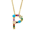 Golden necklace featuring a vibrant letter P pendant with multi-color zircon stones - Letter P