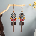 Bohemian bronze tassel earrings with colorful beads and hanging leaf pendants - Petal Hollow Multi-color Bead Style (E2878-3)