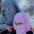 Winter balaclava knit hats with rabbit ears in blue and pink colors for women - Pink Purple