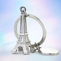 3D Eiffel Tower metal keychain in silver finish with engravable blank round tag - Eiffel Tower / Silver