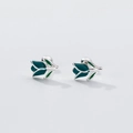 S925 sterling silver tulip stud earrings with green enamel petals and screw back - 925 Silver / Dark Green