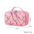 Pink marble pattern PU makeup bag detail showing dual zippers and 21x8x13cm size specs - X-197 Rectangle Pink