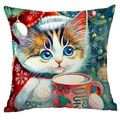 Christmas watercolor cat cushion cover with red santa hat and holiday mug design - Pattern TQDS72-5