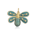 Macro detail of bee pendant featuring gold metal wings with blue enamel inlay - Peacock Green Bee Pendant