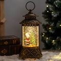 Farol de Navidad vintage de bronce con Papá Noel y efecto de nieve brillante - Linterna Jacquard - Papá Noel con árbol