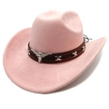 Detail of pink suede cowboy hat with metal bull head buckle and cross stud leather band - M (56-58cm) / Light Pink